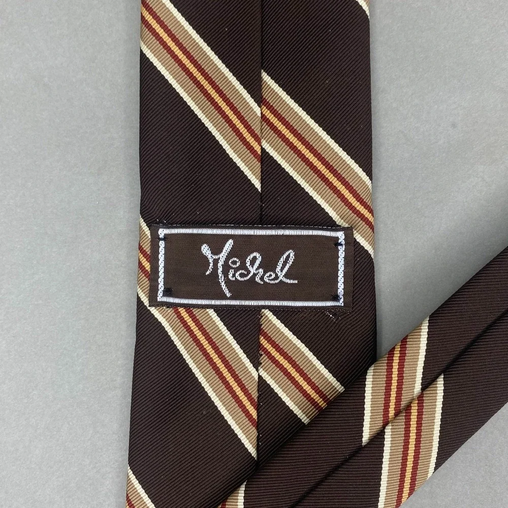 VTG Michel Tie Mens Brown Tan Red Striped Ribbed Textured Academia Indie 54x2.75